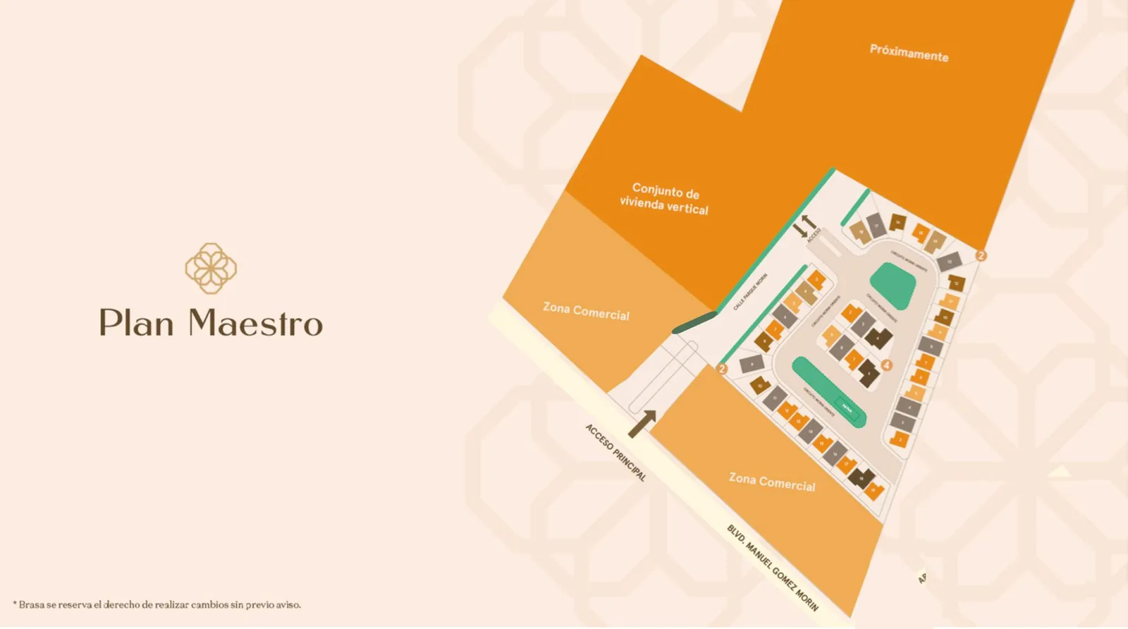 Plan maestro de uso mixto de Morin 9909 con zonas comercial, residencial y vivienda vertical