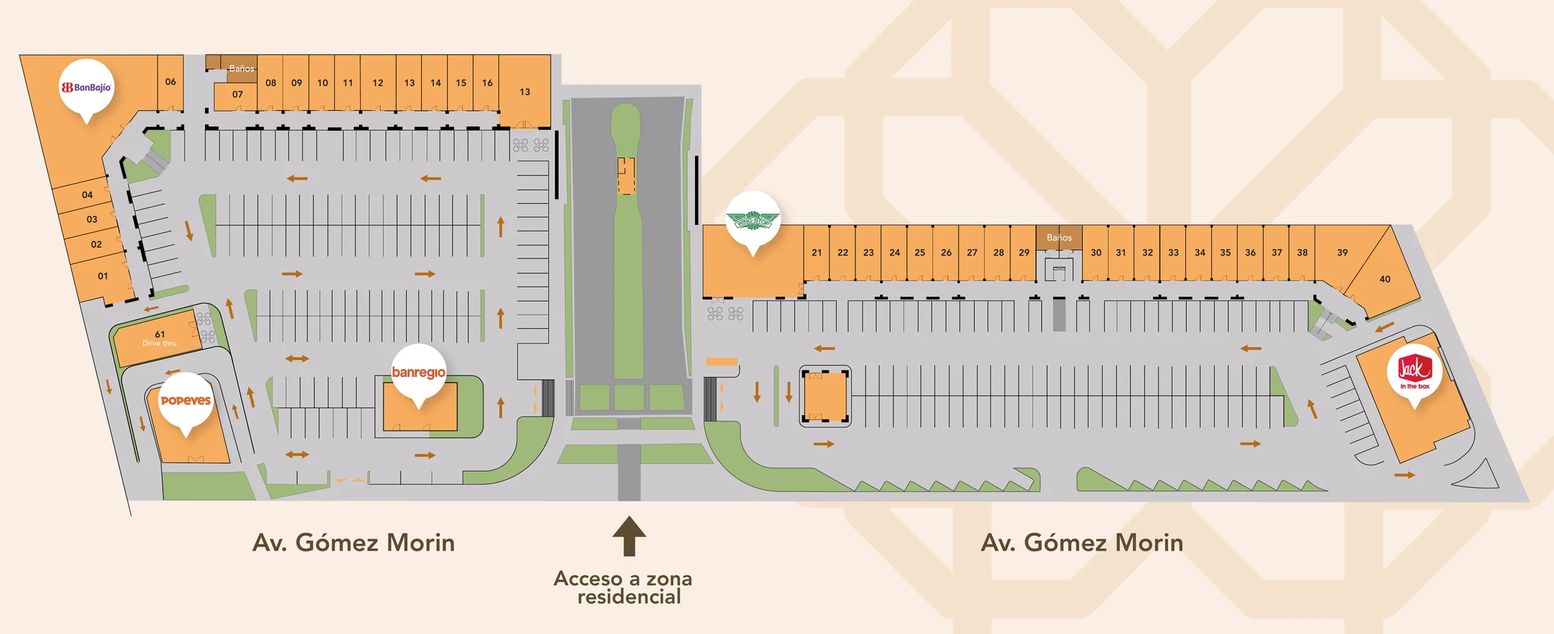 Plan maestro de Morin Comercial con la ubicación de BanBajío, Banregio, Popeyes, Wingstop y Jack in the Box