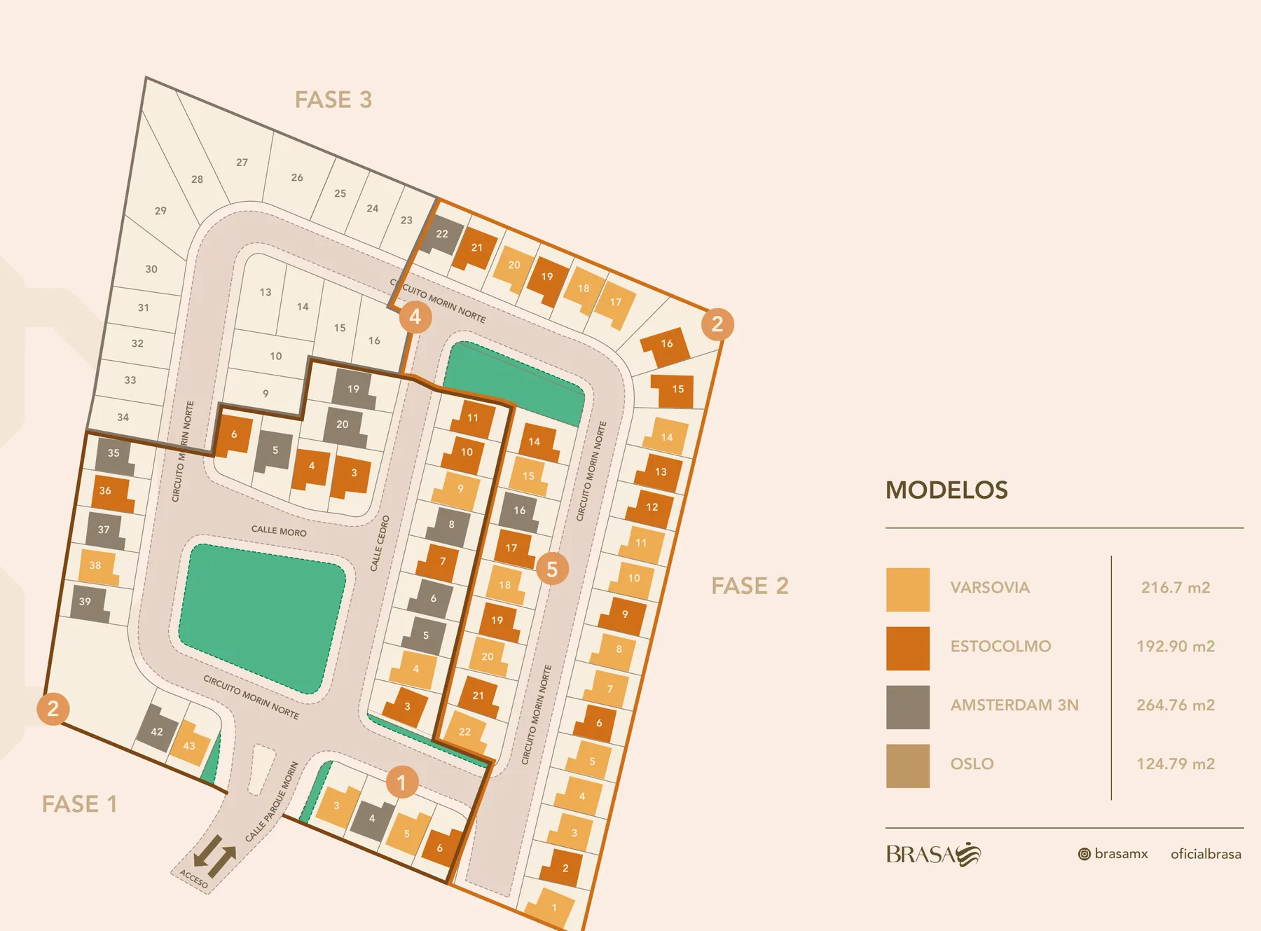 Plano de lotificación de Morin Norte con sus tres fases y los modelos de casa