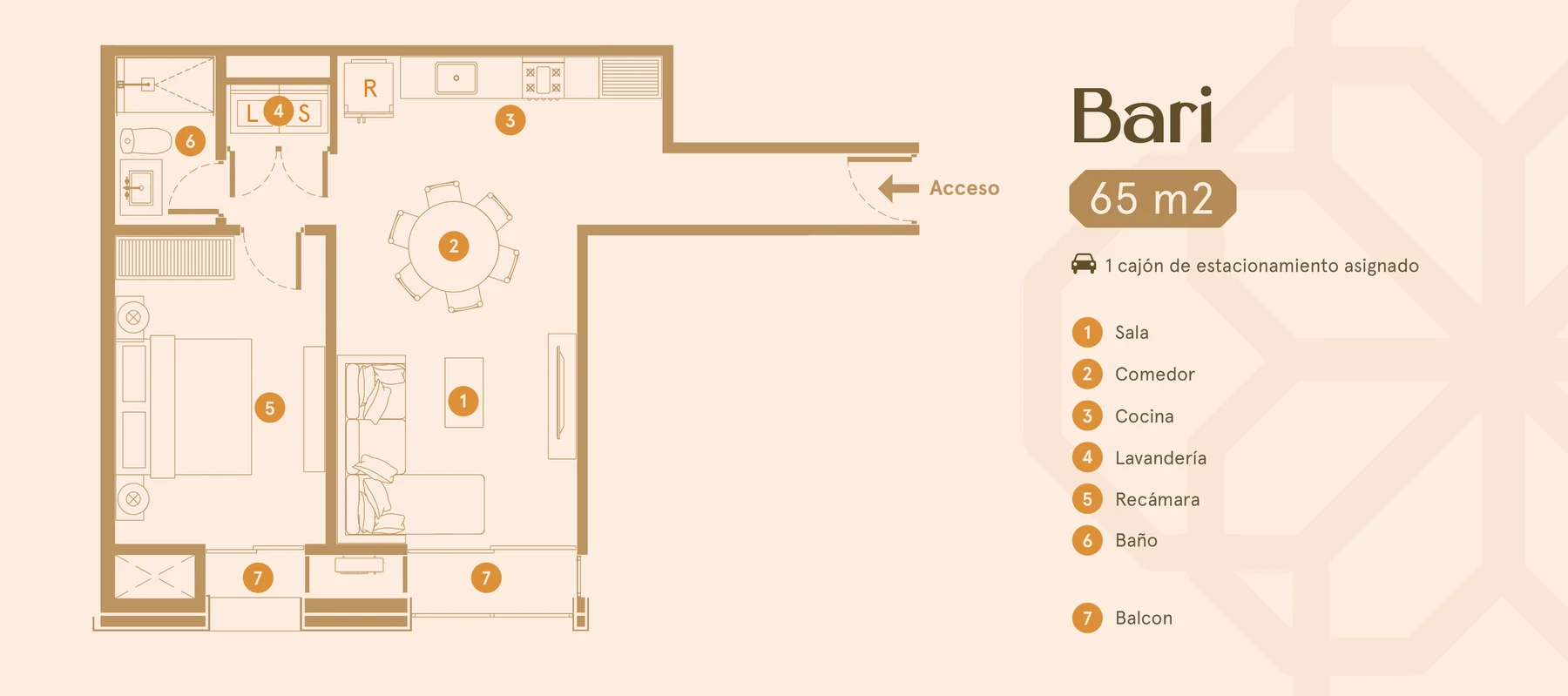 Plano del departamento modelo Bari de 65 m² en Morin Towers
