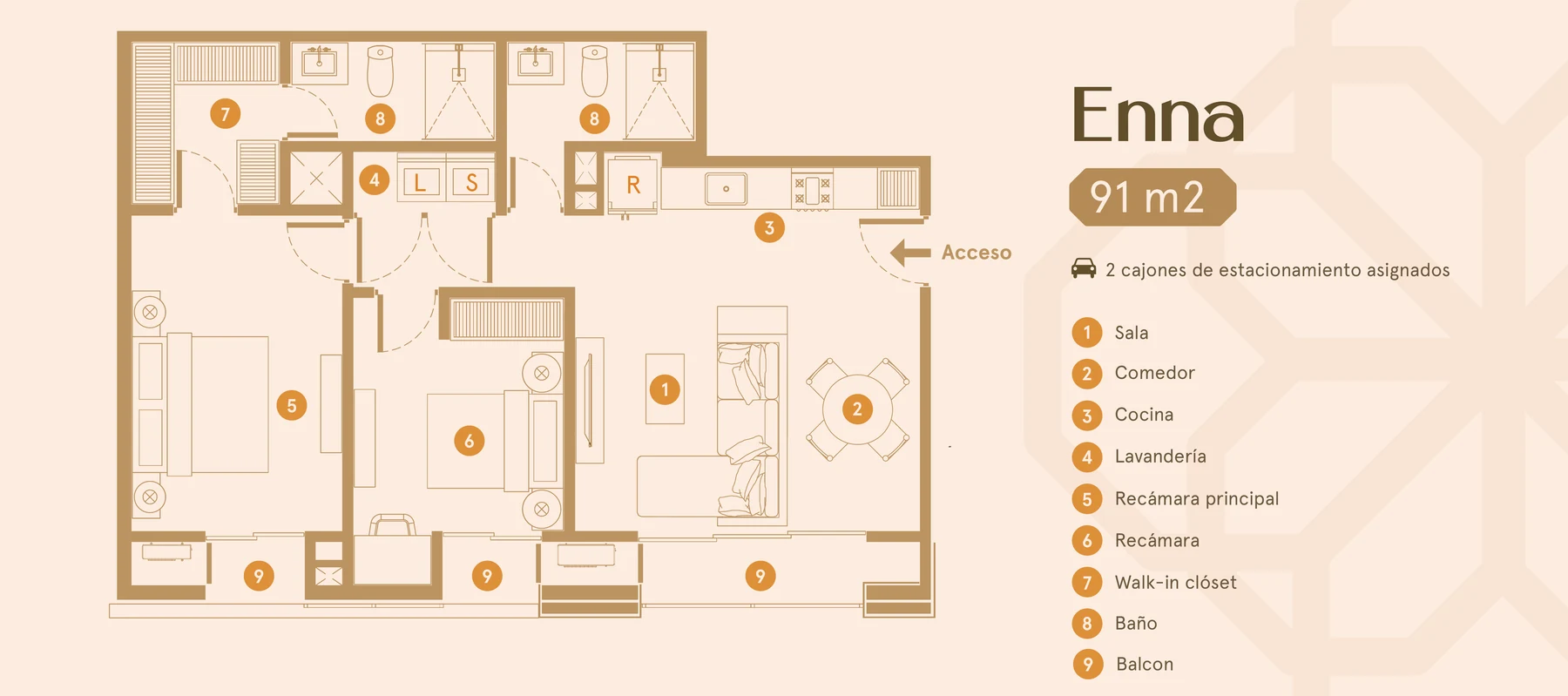 Plano del departamento modelo Enna de 91 m² en Morin Towers
