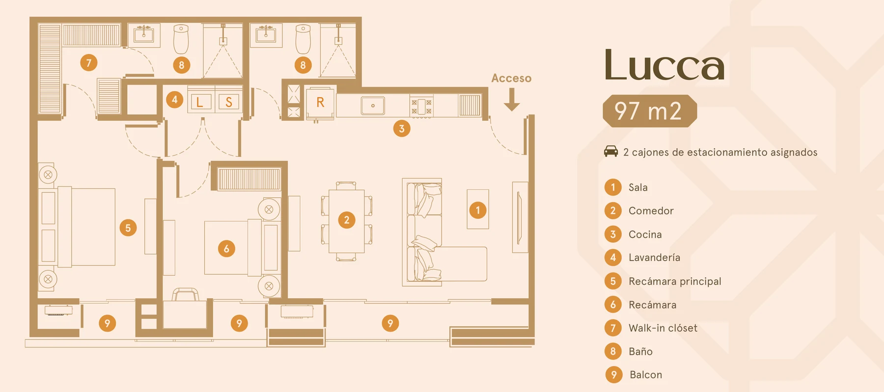 Plano del departamento modelo Lucca de 97 m² en Morin Towers