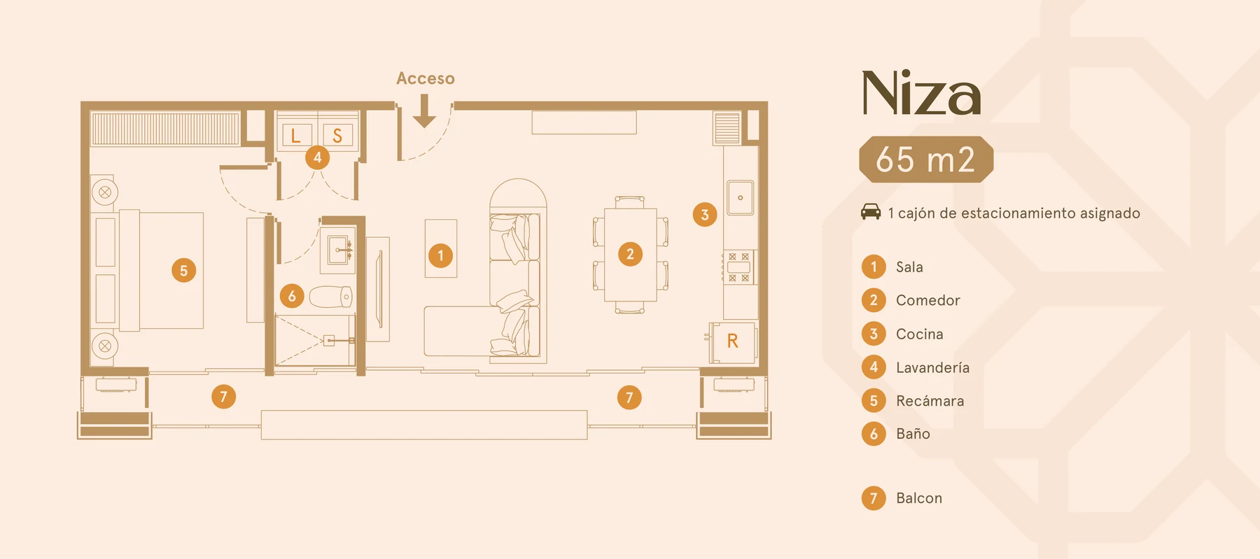 Plano del departamento modelo Niza de 65 m² en Morin Towers