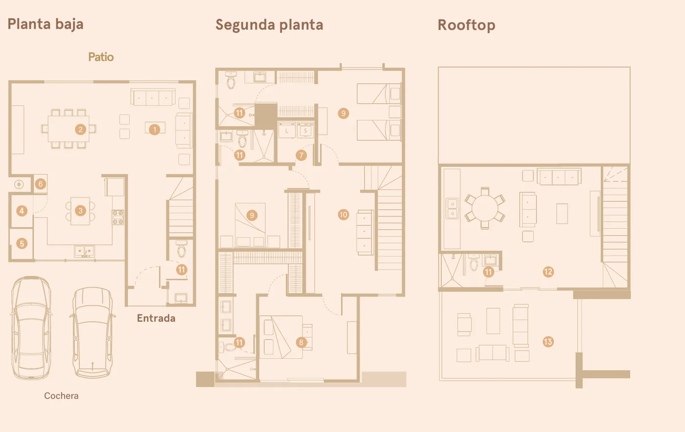 Planos de planta baja, segunda planta y rooftop del modelo Amsterdam 3N en Morin 9909